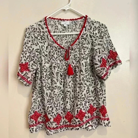 J. Jill Boho Pintucked Sketched Fern Peasant Top - Picture 3 of 7